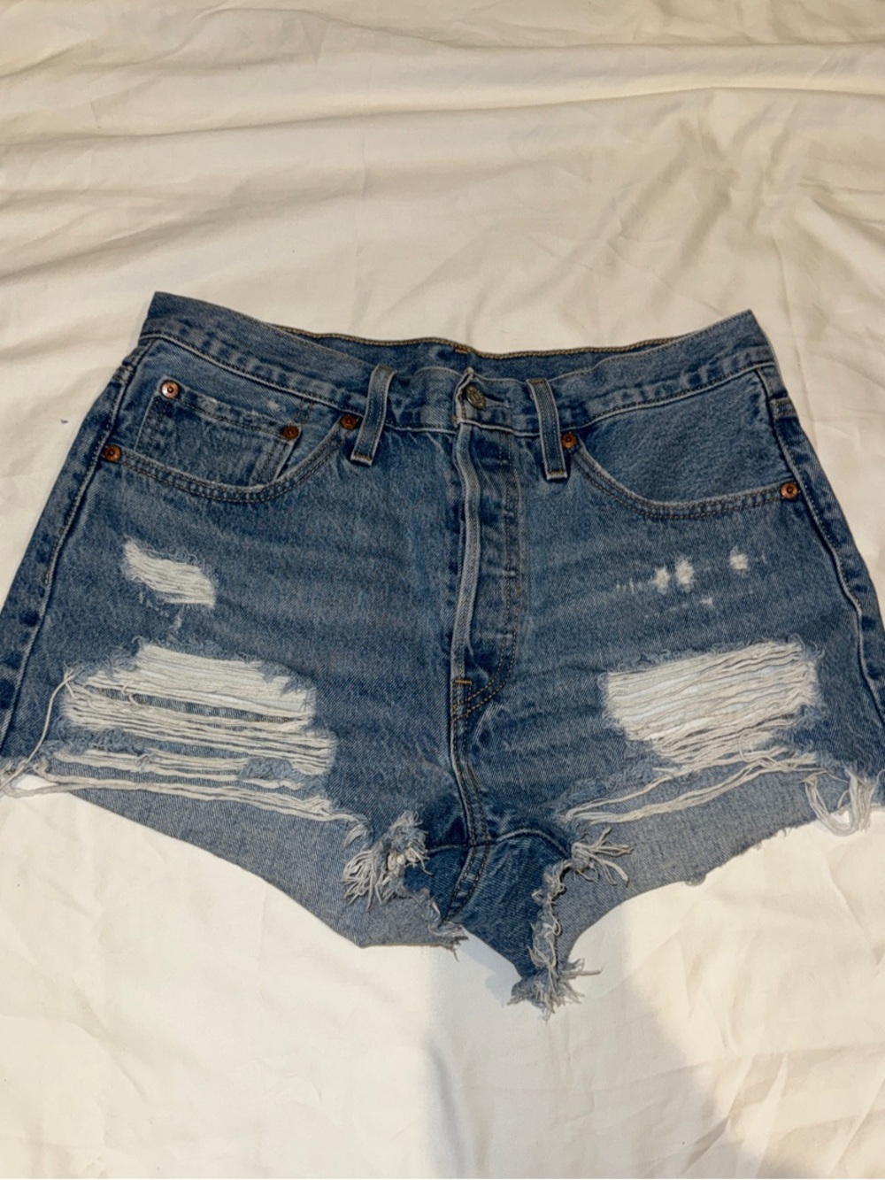 Distressed High-Waist Denim Shorts in Blue